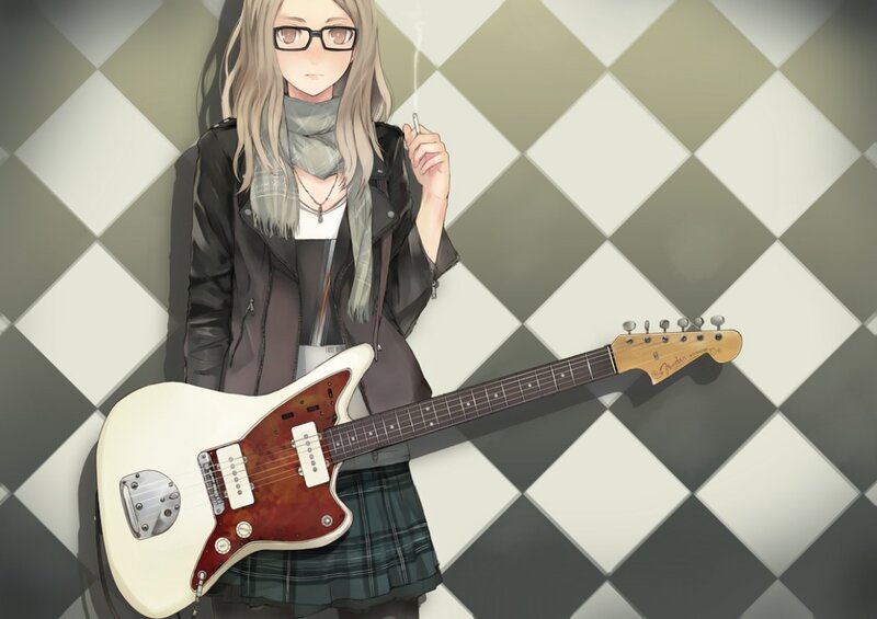 anime girl with guitar and cigarette
