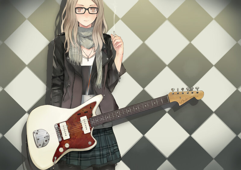 anime girl with guitar and cigarette