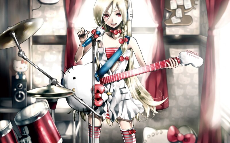 anime girl with guitar and drums