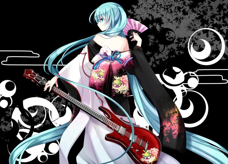 Anime girl with guitar and fan