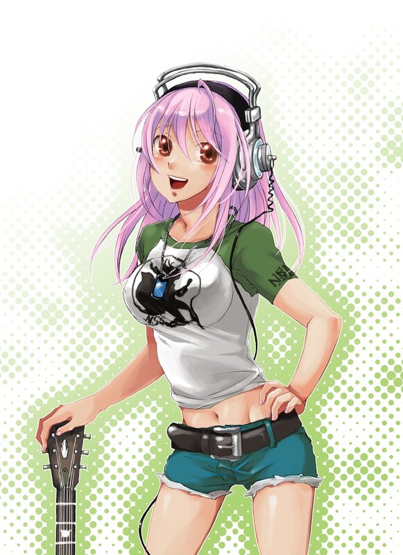 anime girl with guitar and headphones
