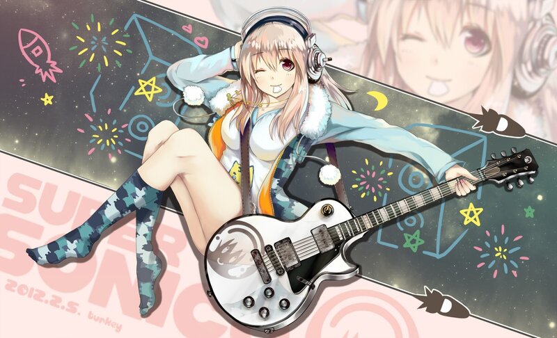 Anime girl with guitar and headphones