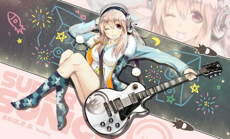 Anime girl with guitar and headphones