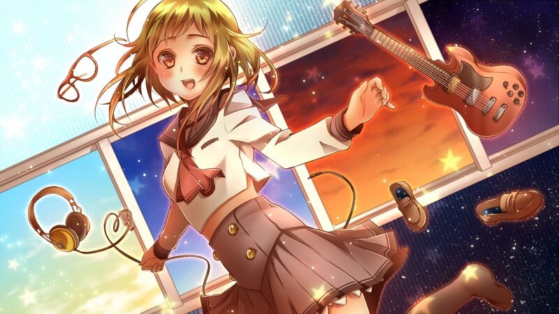 anime girl with guitar and headphones