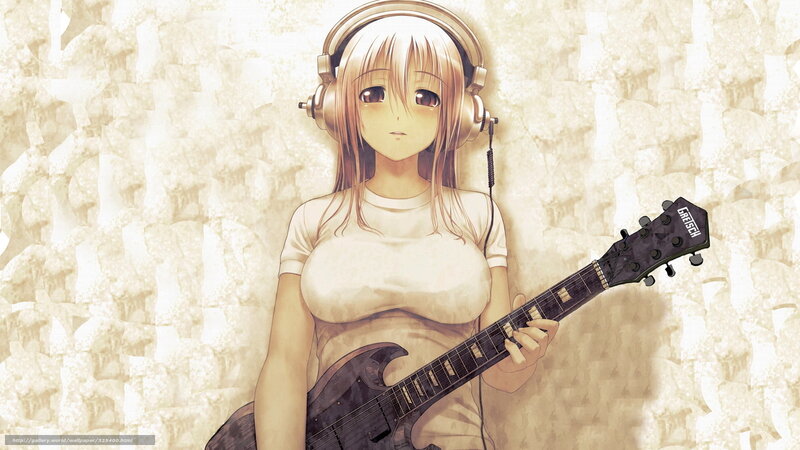 Anime girl with guitar and headphones