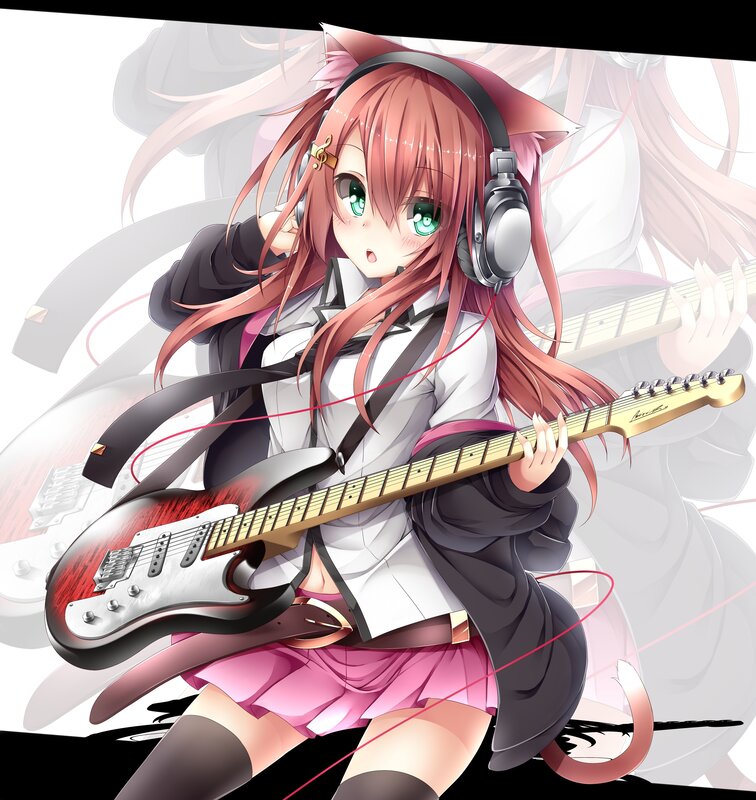 Anime girl with guitar and headphones