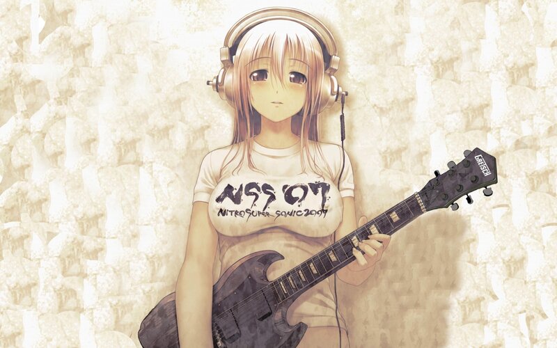 Anime girl with guitar and headphones