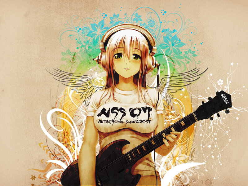 Anime girl with guitar and headphones