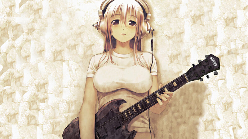 anime girl with guitar and headphones