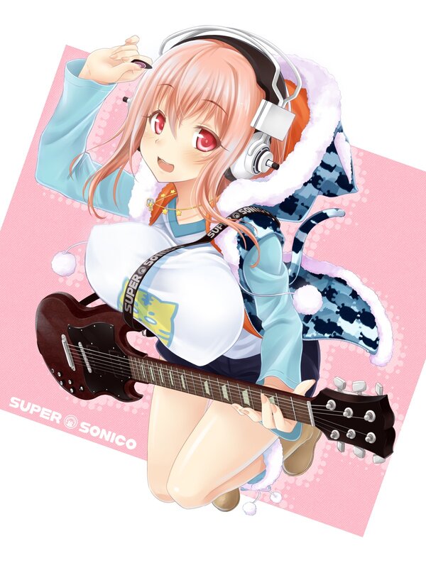 Anime girl with guitar and headphones