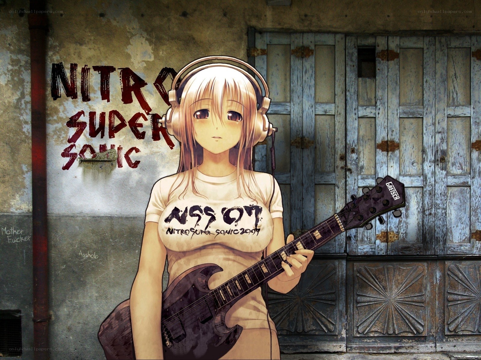 Anime girl with guitar and headphones
