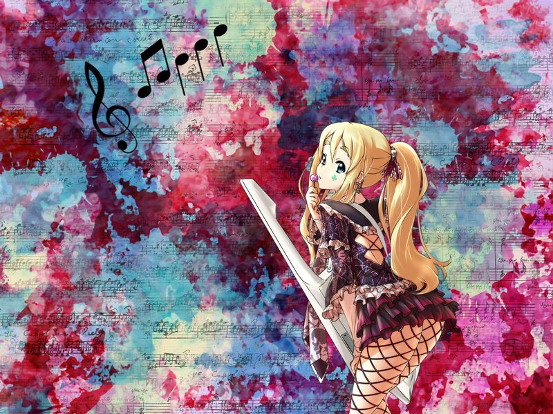anime girl with guitar and music notes