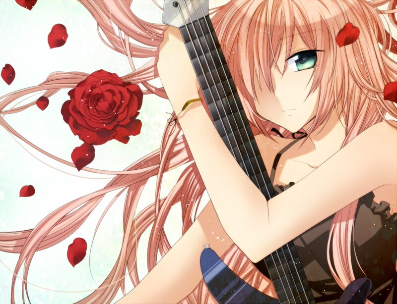 anime girl with guitar and roses