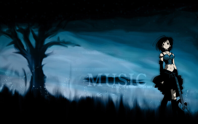 anime girl with guitar at night