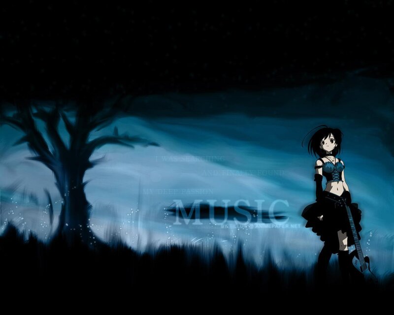 Anime girl with guitar at night