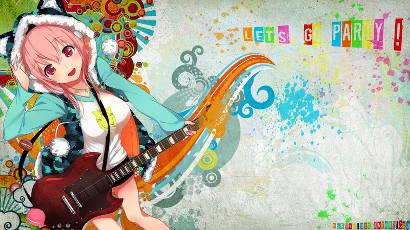 Anime girl with guitar at party