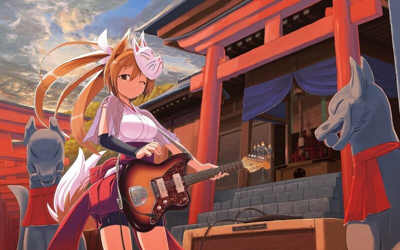 Anime girl with guitar at shrine