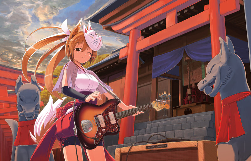 Anime girl with guitar at shrine