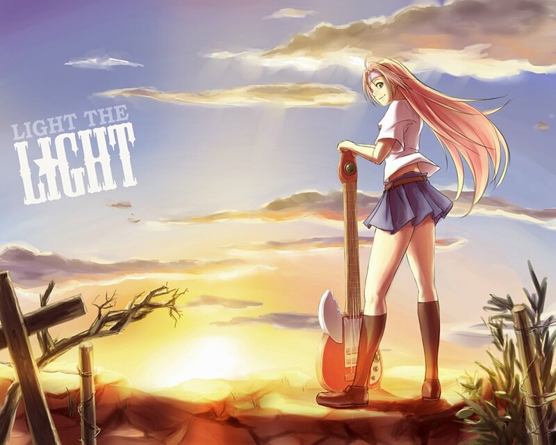 Anime girl with guitar at sunset