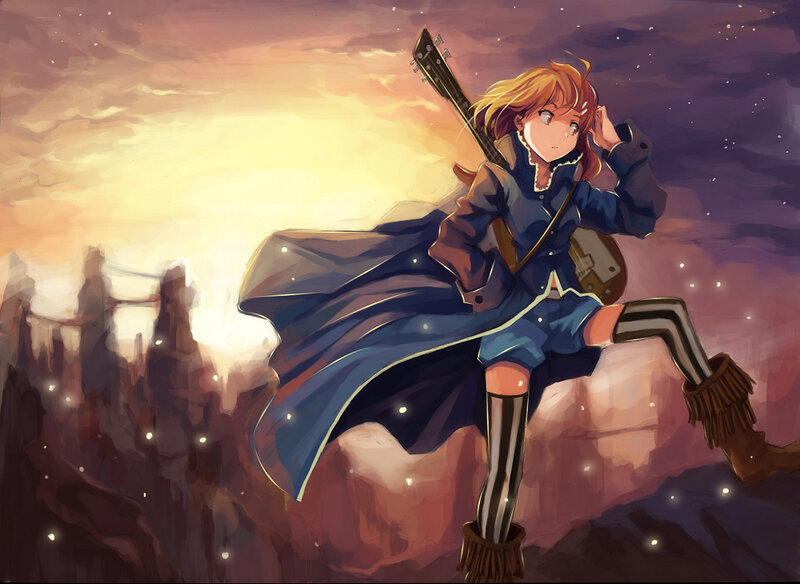 Anime girl with guitar at sunset