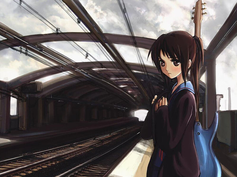 anime girl with guitar at train station