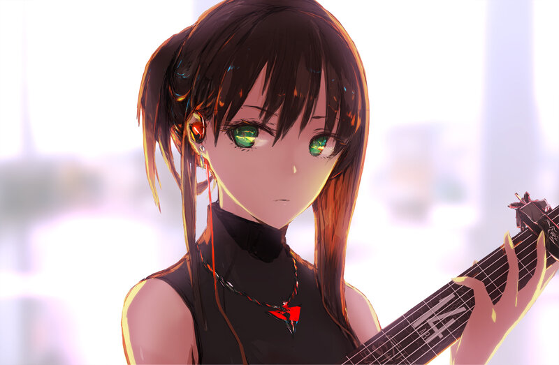 Anime Girl with Guitar — Black, Calm