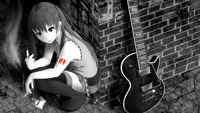 Anime Girl with Guitar — Black, Dramatic, Cigarette, Brick Wall
