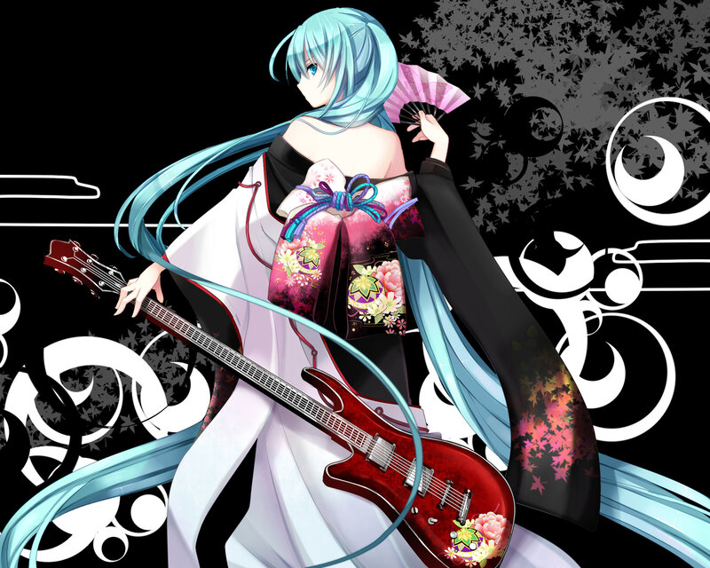 Anime Girl with Guitar — Black, Dramatic, Digital Art, Fan, Kimono