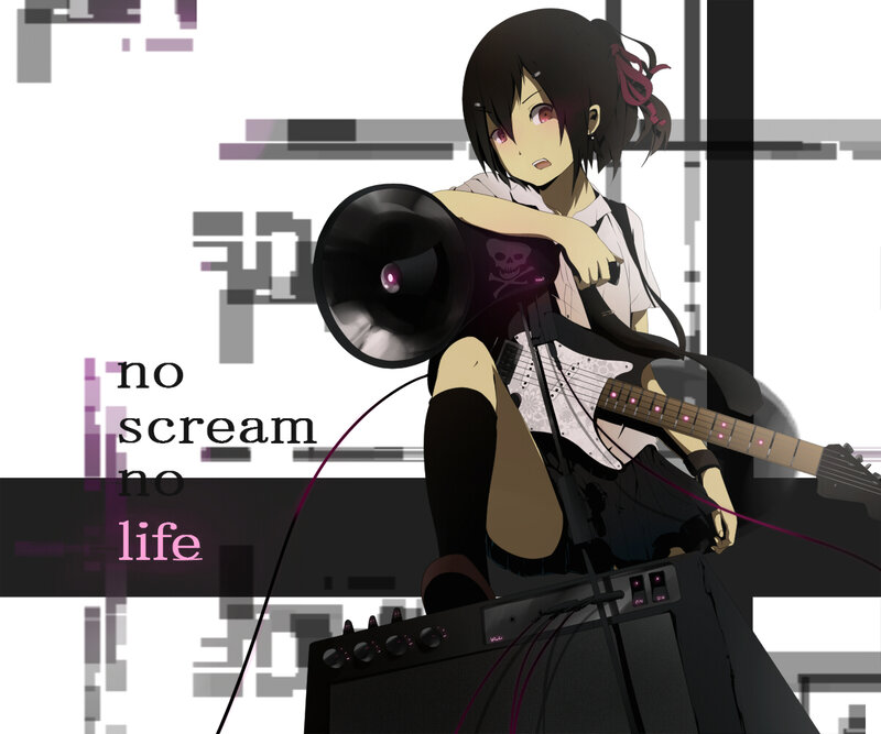 Anime Girl with Guitar — Black, Dramatic, Digital Art, Megaphone