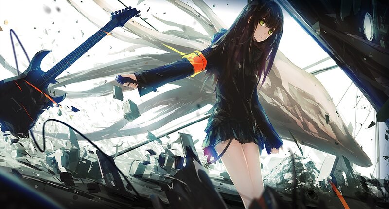 Anime Girl with Guitar — Black, Dramatic, Digital Art, Shattered Glass