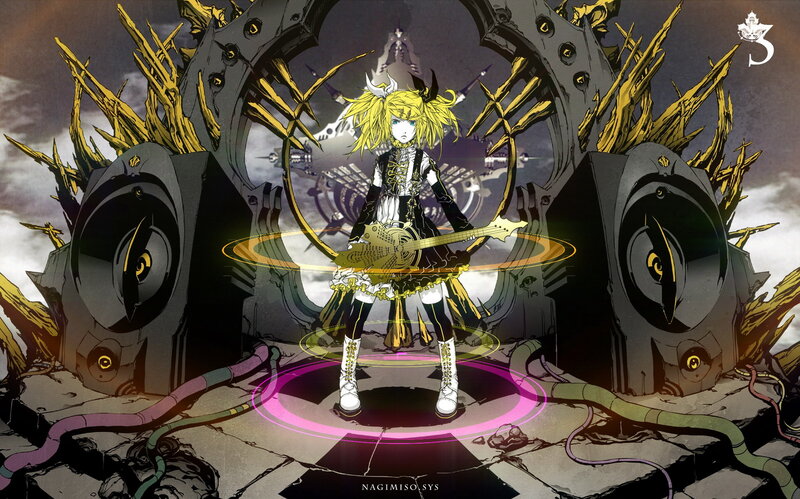Anime Girl with Guitar — Black, Dramatic, Digital Art, Speaker