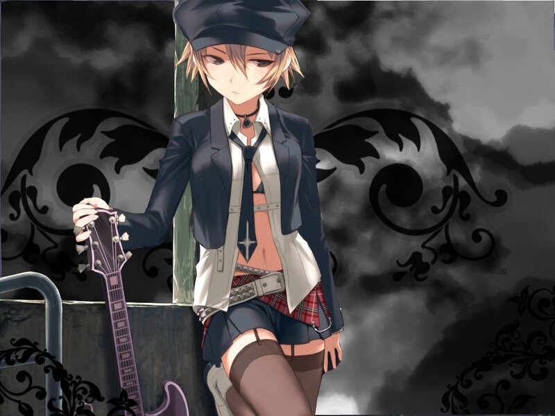 Anime Girl with Guitar — Black, Dramatic, Digital Art