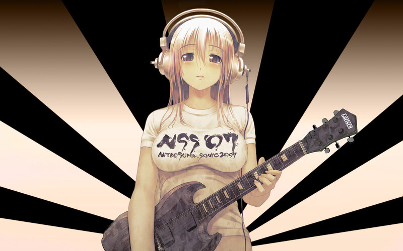 Anime Girl with Guitar — Black, Dramatic, Headphones