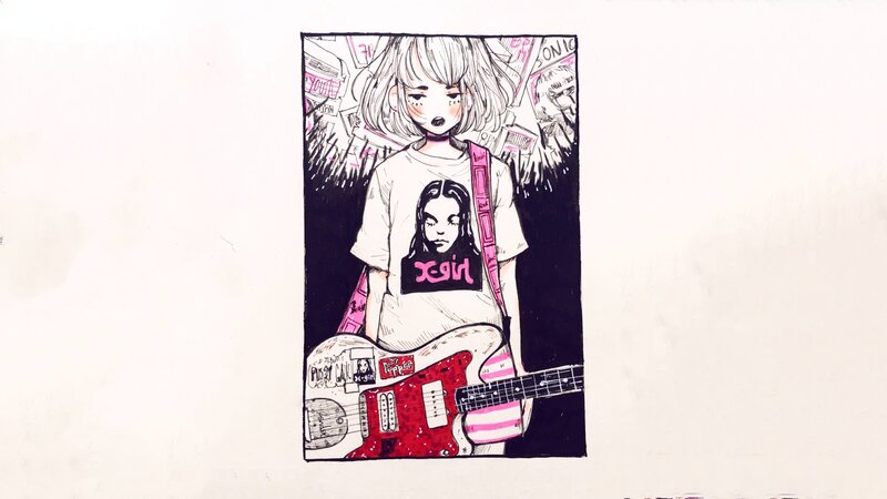 Anime Girl with Guitar — Black, Dramatic, Manga, T-shirt
