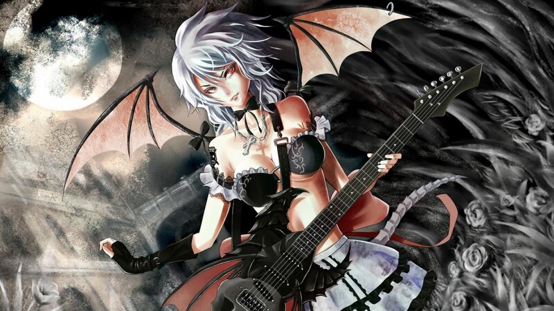 Anime Girl with Guitar — Black, Dramatic, Night, Digital Art, Wings, Moon
