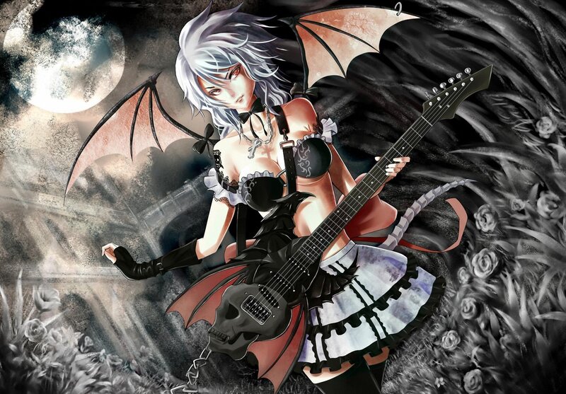 Anime Girl with Guitar — Black, Dramatic, Night, Digital Art, Wings