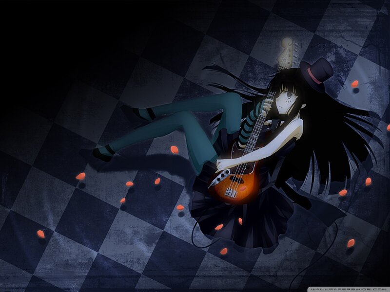 Anime Girl with Guitar — Black, Dramatic, Night, Top Hat, Checkered Floor