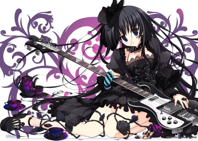 Anime Girl with Guitar — Black, Dramatic, Tea Set, Black Dress, Purple, White