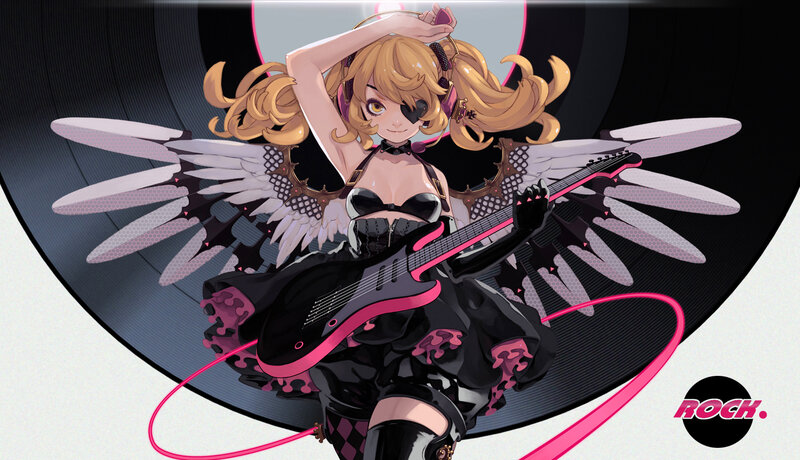 Anime Girl with Guitar — Black, Energetic, Digital Art, Wings
