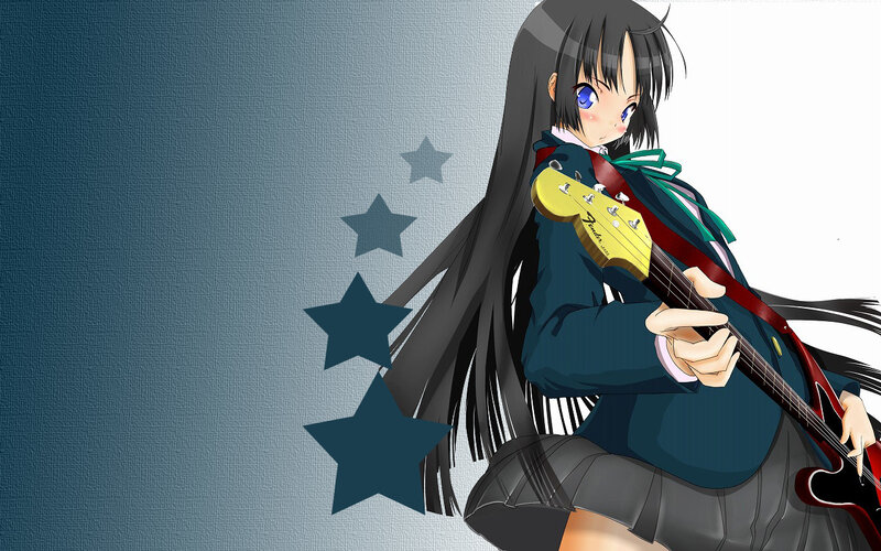 Anime Girl with Guitar — Blue, Calm, Stars, School Uniform