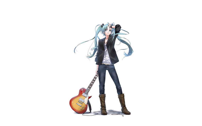 Anime Girl with Guitar — Blue, Confident, Digital Art, Boots