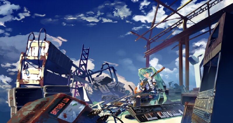 Anime Girl with Guitar — Blue, Dramatic, Afternoon