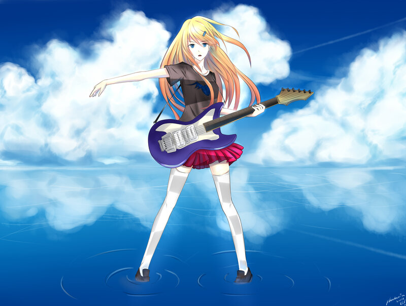 Anime Girl with Guitar — Blue, Dramatic, Digital Art, Clouds