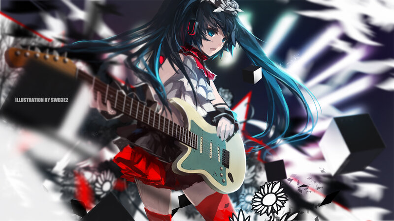 Anime Girl with Guitar — Blue, Dramatic, Digital Art, Headphones