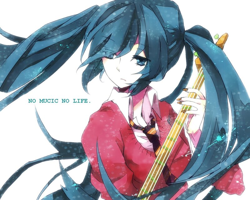 Anime Girl with Guitar — Blue, Dramatic, Digital Art, Long Hair