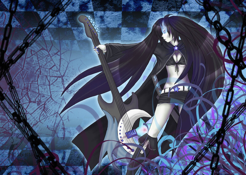 Anime Girl with Guitar — Blue, Dramatic, Digital Art