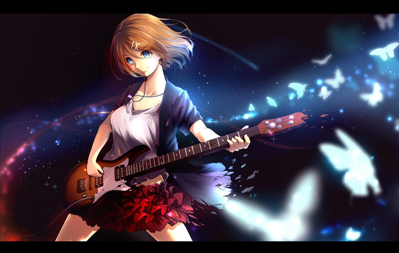 Anime Girl with Guitar — Blue, Dramatic, Night, Digital Art, Butterflies