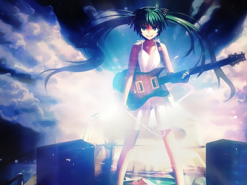 Anime Girl with Guitar — Blue, Dramatic, Night, Digital Art, Clouds, Stage
