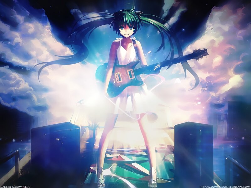 Anime Girl with Guitar — Blue, Dramatic, Night, Digital Art, Clouds