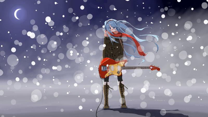 Anime Girl with Guitar — Blue, Dramatic, Night, Digital Art, Scarf